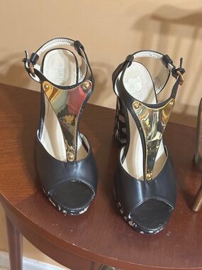 torrid Black Peep-Toe Platform Heels with Gold T-Plate